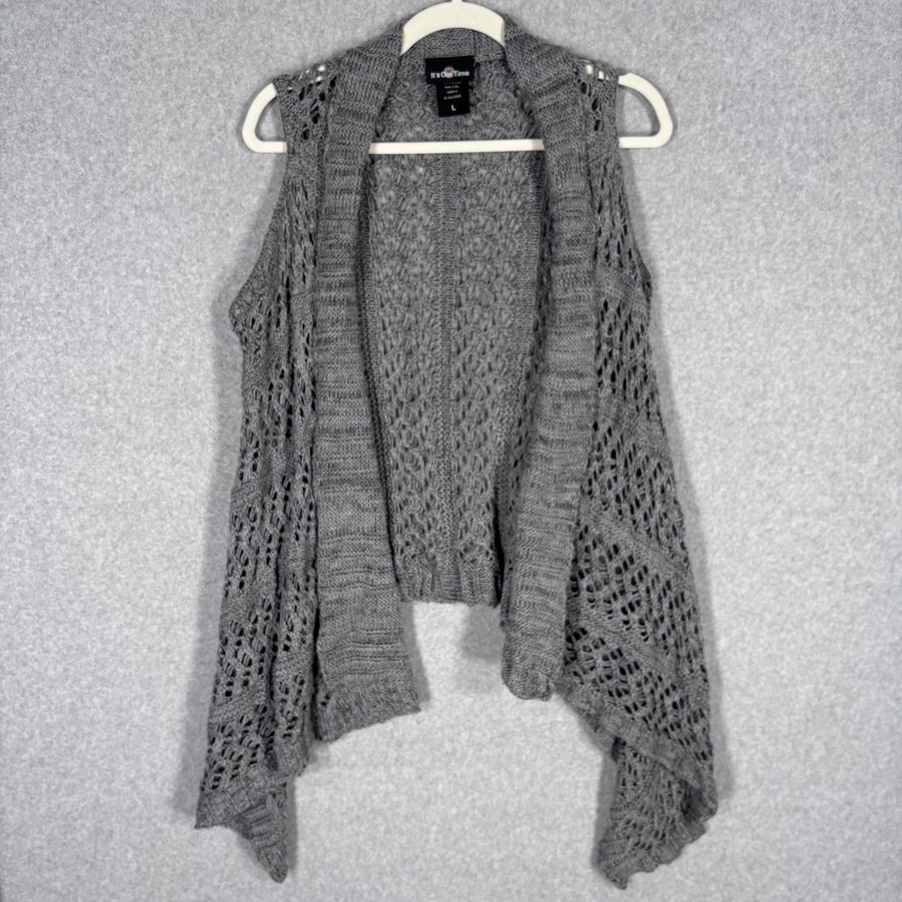 Vintage Crochet Open Knit Vest Cardigan Large Gray Boho Western Festival Drape